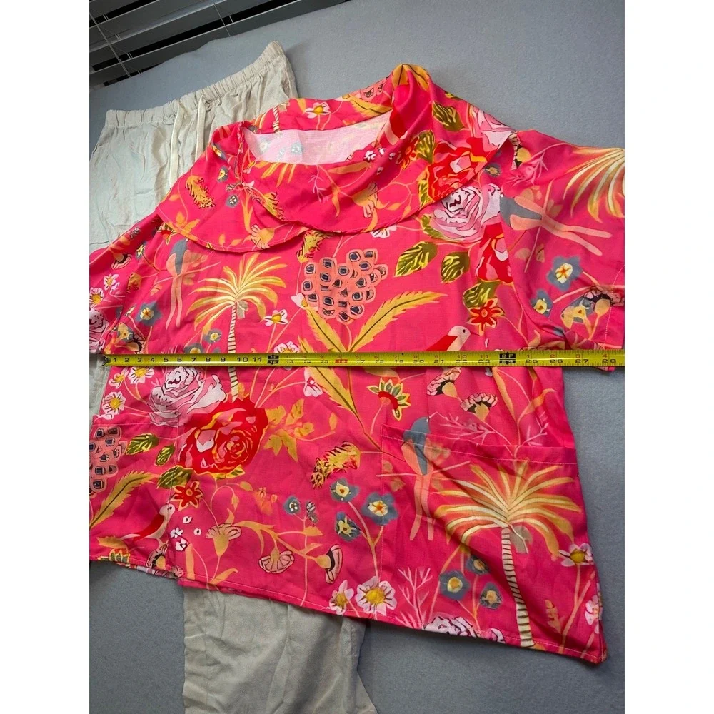 Pink Tropical Floral Top &‎ Beige Button Detail Pants Lounge Set Womens Medium